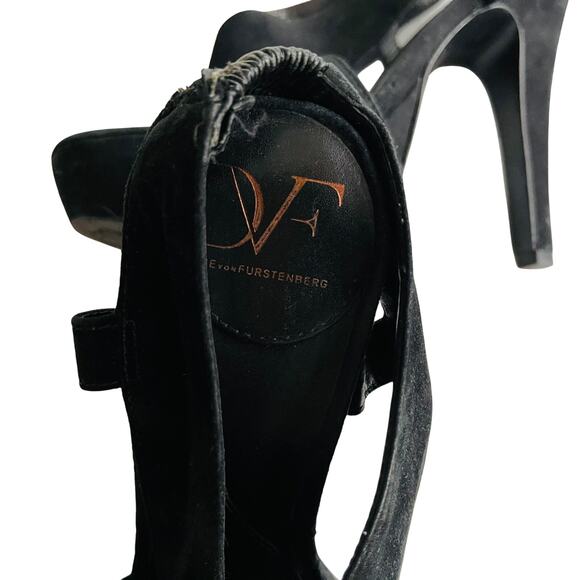 DVF Suede Criss Cross Open Toe Heel 6 Black Sandal Chunky Dance Party - Picture 5 of 7
